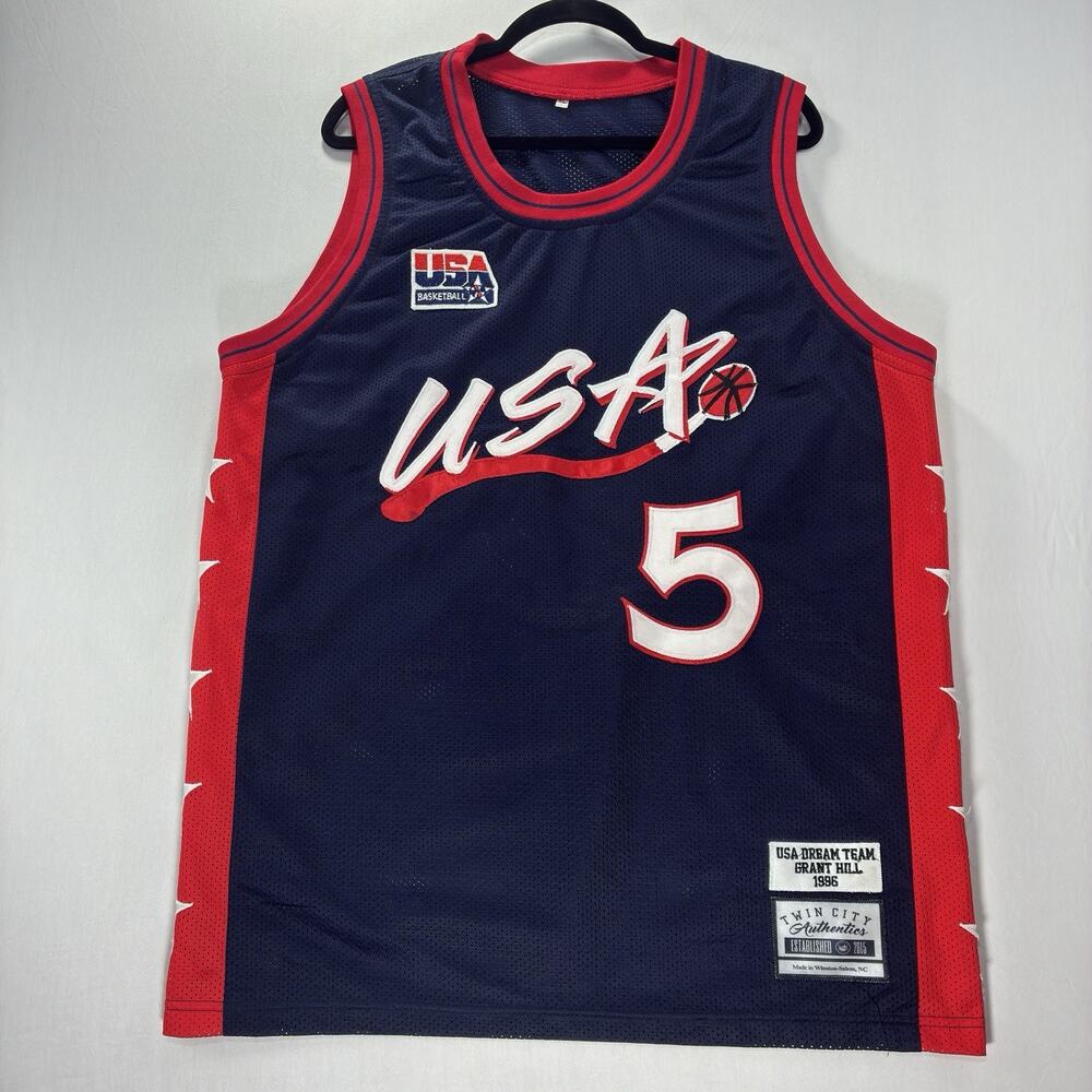 Twin City Authentics Mens XL Grant Hill #5 USA Dream Team 1996 Jersey Navy